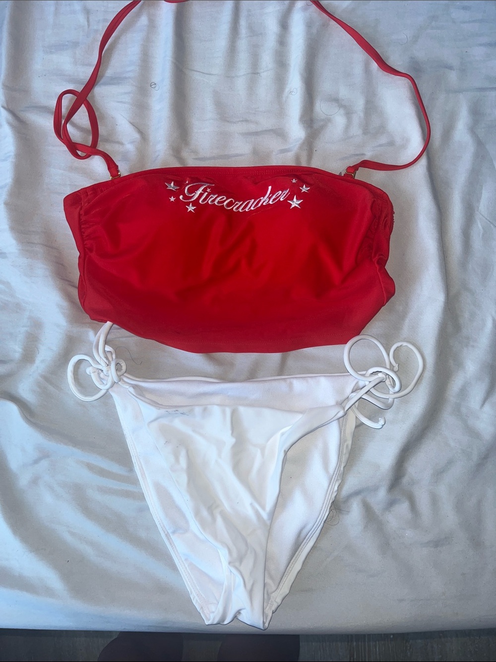Red 'Firecracker' Bandeau Top & White Tie-Side Bikini Bottoms